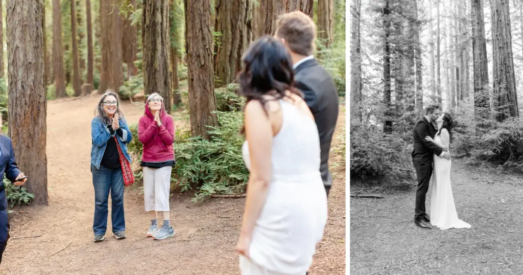 Alyssa and Glen exchanging vows under the redwoods