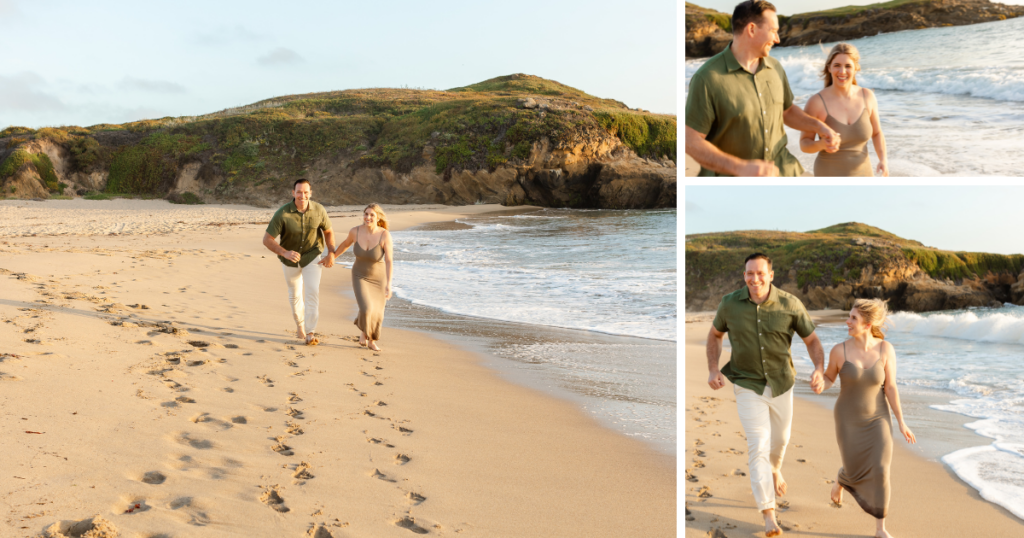 The couple walks hand in hand along the tranquil shoreline.