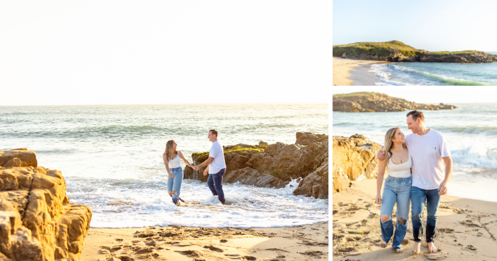The couple shares a playful moment on the beach, capturing the essence of their love.
