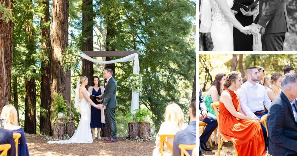 The newlyweds exchange vows with their friends and family under the redwoods. 