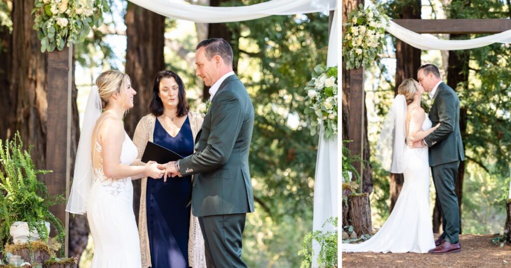 Angela and Mike exchange vows under the towering redwoods.