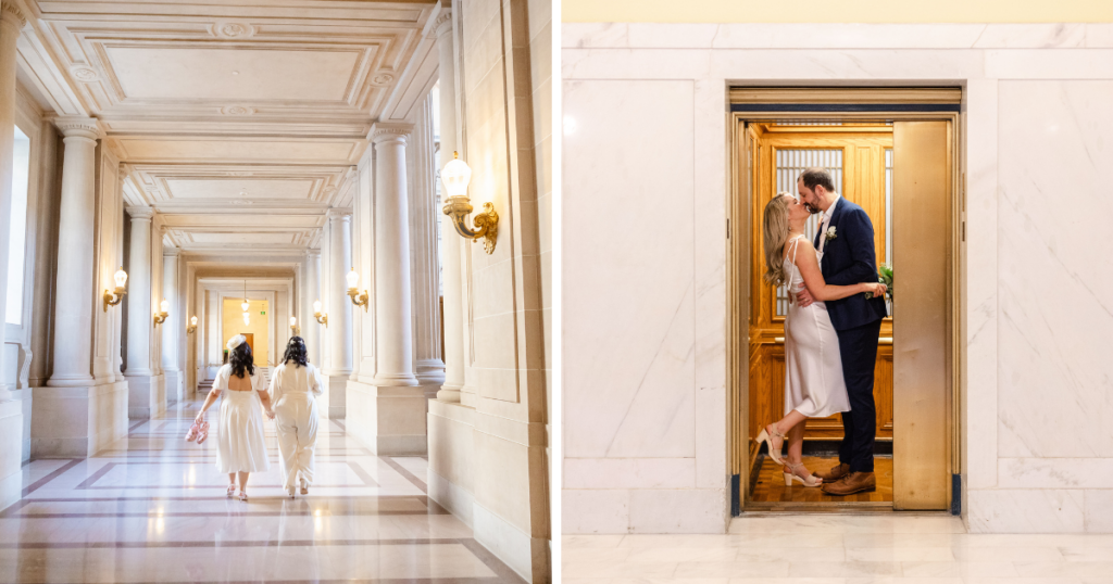 Couple walking hand-in-hand through City Hall corridors