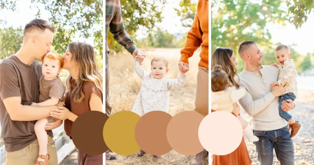 Family wearing coordinated mustard, tan, and brown outfits for fall photoshoot
