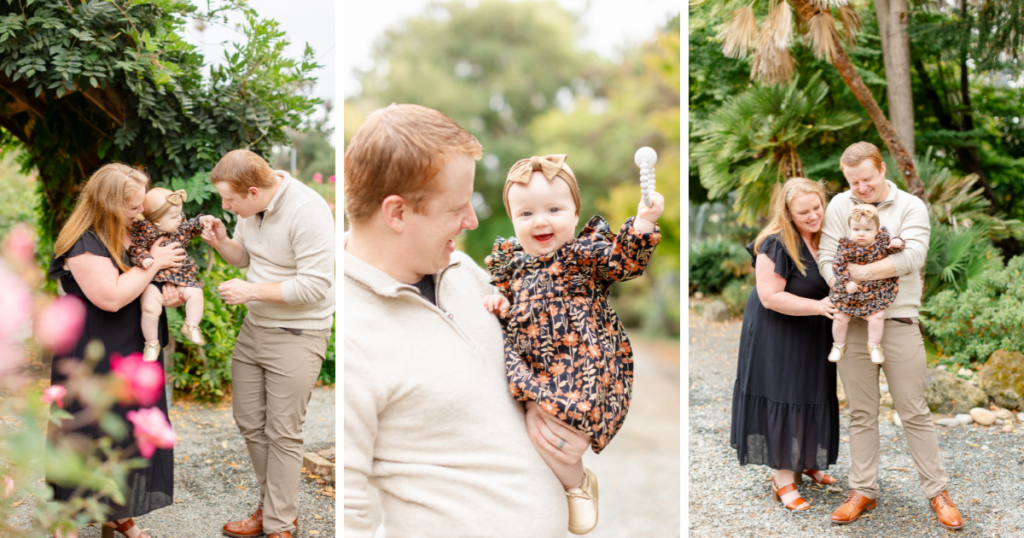 Couple and baby girl smiling together during Fremont fall mini session