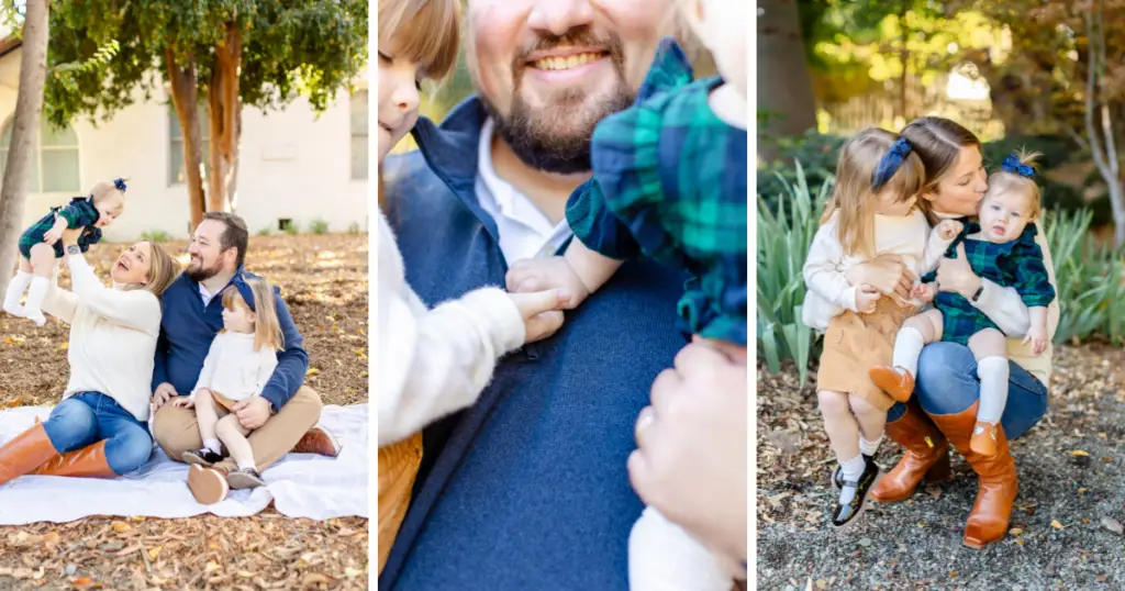 Maroon, grey, and navy color scheme in autumn family photo
