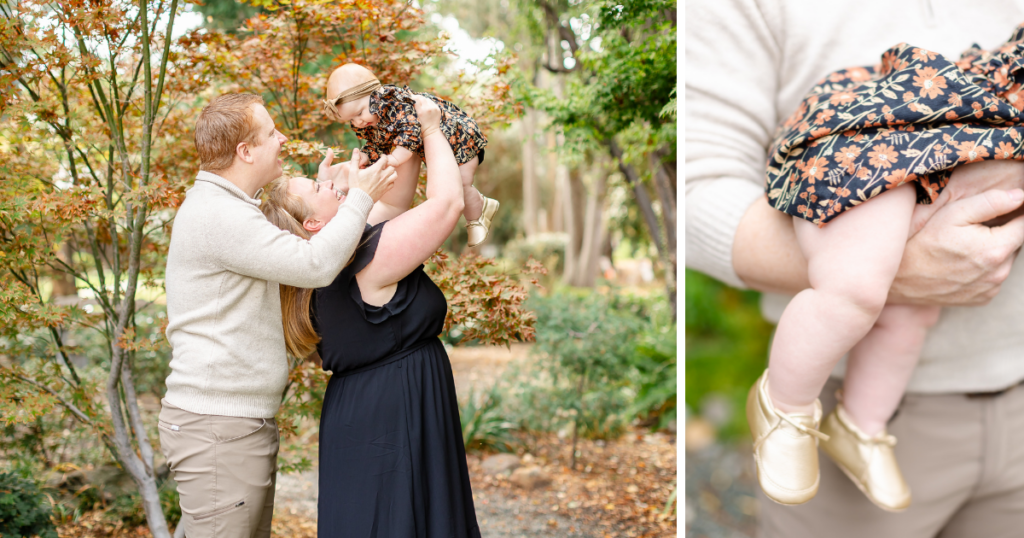 Couple and baby girl smiling together during Fremont fall mini session