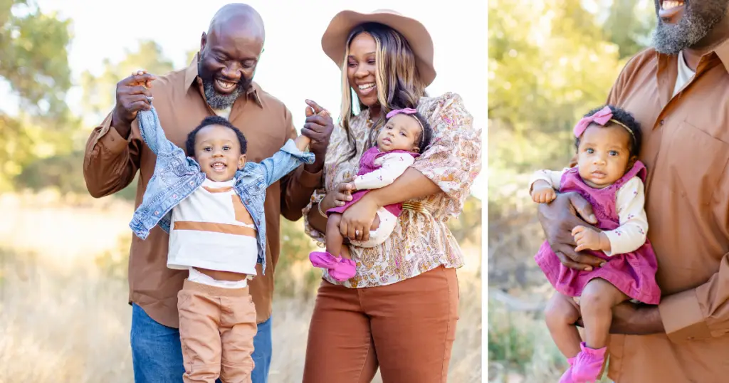 Parents and newborn in harmonious outfits for fall photography
