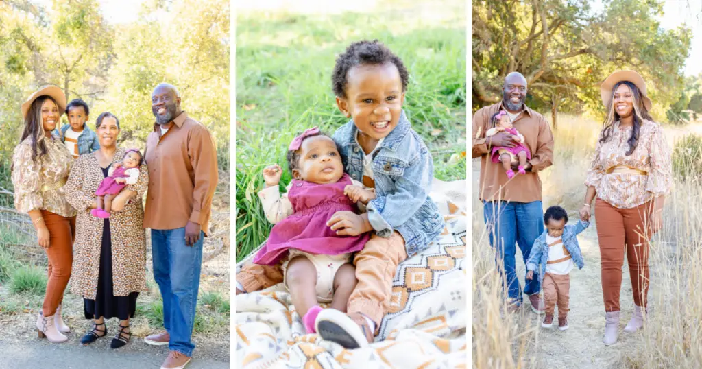 Parents and newborn in harmonious outfits for fall photography